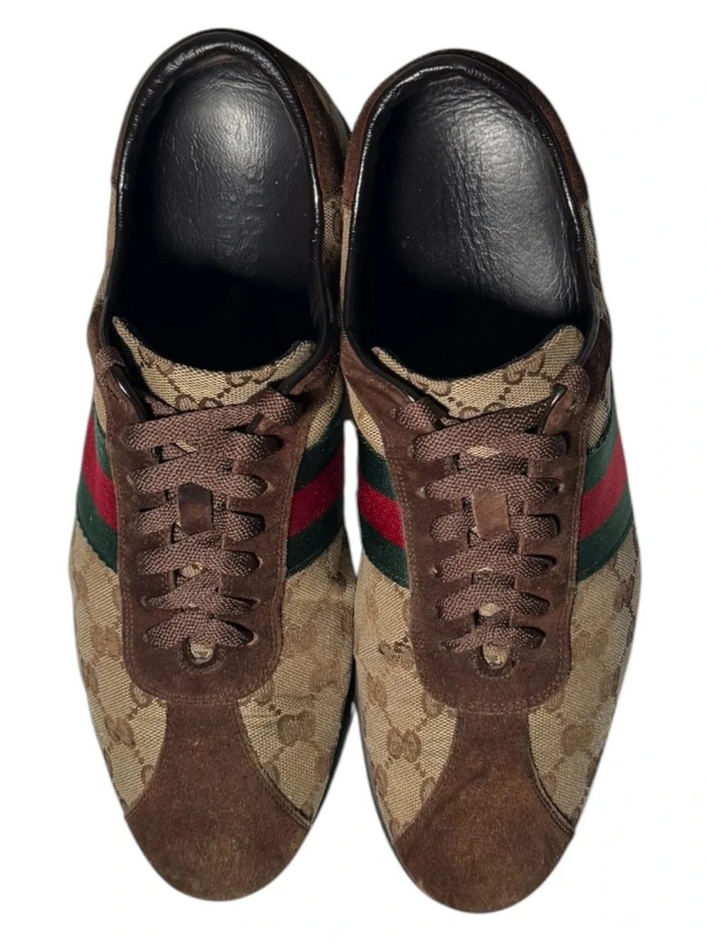 Gucci GG Canvas Web Stripe Sneakers Brown Suede Low Top Shoes Mens 8.5